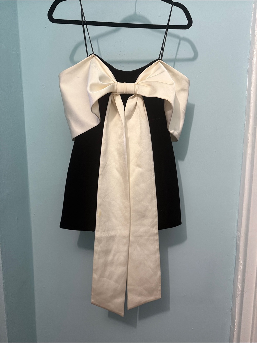 Black Velour Mini Dress with Oversized Ivory Bow